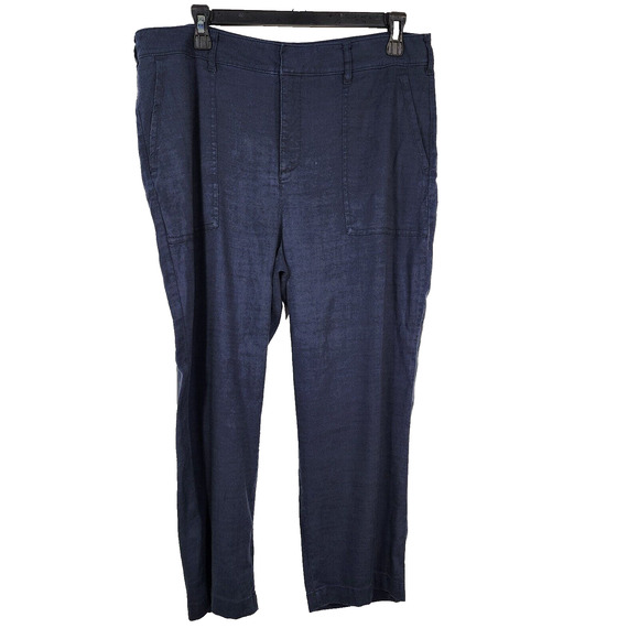 NYDJ Women Utility Crop Pants Sz 12 Blue Linen Blend Lift Tuck Straight Mid Rise - Picture 1 of 11